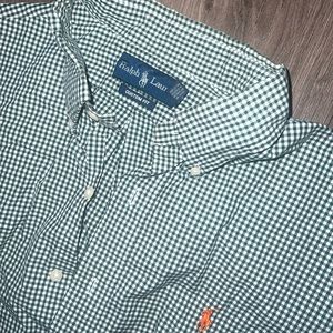 Polo button up dress shirt size large custom fit checker pattern orange logo